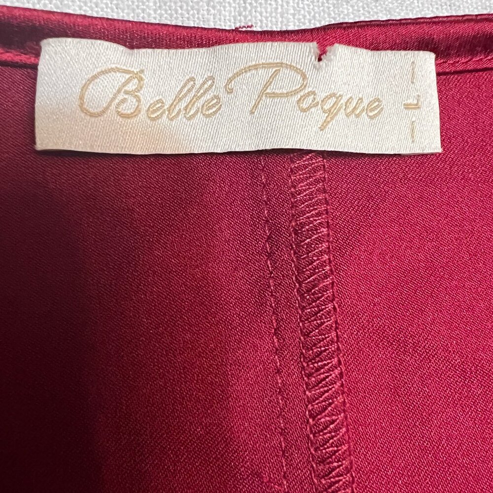 Belle Poque Burgundy Satin Cowl Neck Blouse Women L Tie Back Long Sleeve Office - Picture 3 of 9